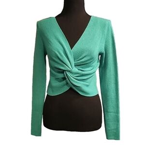 NWT Active USA Twist Front Green Long Sleeve Deep V Neck Knit Sweater Small